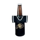 Beer bottle in a black jersey-shaped sleeve with white trim, featuring a gold and white logo of a buffalo with intertwined initials in the center.