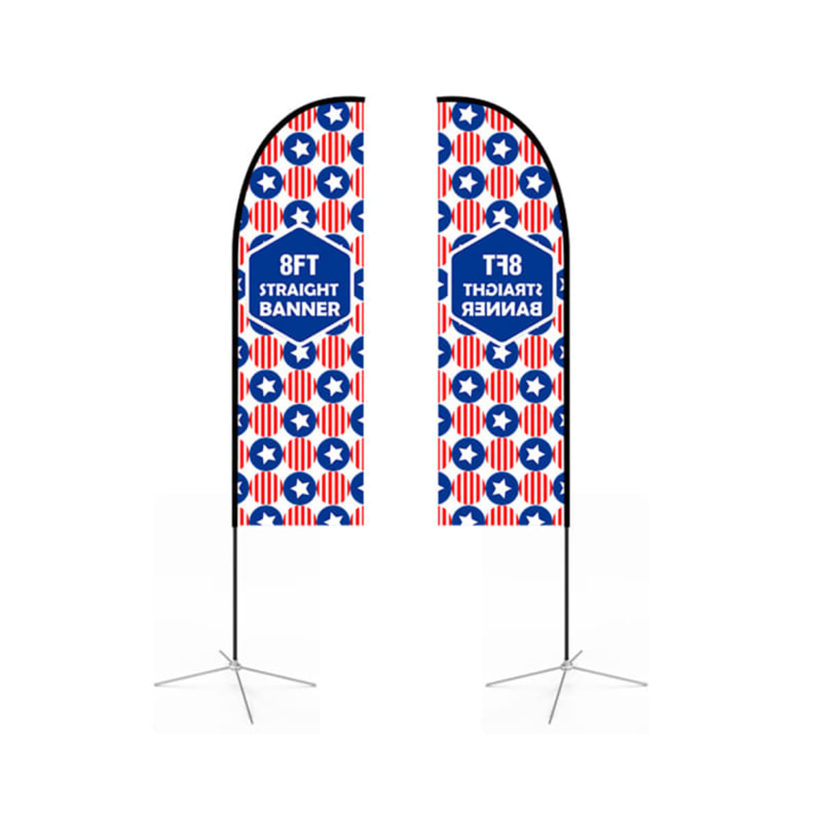 Two standing banners with a hexagonal pattern in red, blue, and white. The text on the banners reads 8ft Straight Banner. They are supported by metal tripod stands.