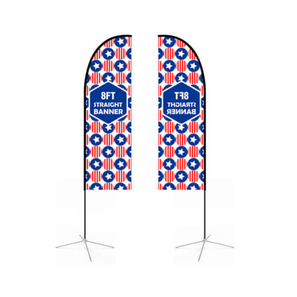 Two 8-foot straight banners with geometric designs in blue, red, and white. The pattern features stars and stripes. Each banner is attached to a sturdy metal stand.