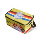 Yellow cooler bag with a retro design featuring colorful stripes and graphics of drinks and snacks. It has the word FLINE on the top and sides, a black zipper, and a side handle.