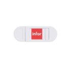 White slide webcam cover with a red square logo in the center, displaying the word infor in lowercase white letters. The cover is designed to fit over a webcam for privacy protection.