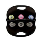 A black neoprene six-bottle carrier with cut-out handles is shown from above. The carrier holds six bottles with colorful caps, including green, pink, blue, and white, visible from an overhead view.