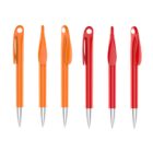 Six ballpoint pens are standing upright in a row against a white background. The first three pens are bright orange, and the last three are vivid red. Each pen has a silver tip and a hole near the top of the clip.