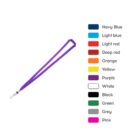 A purple lanyard with a metal clip is displayed beside a color chart featuring twelve colors: navy blue, light blue, light red, deep red, orange, yellow, purple, white, black, green, grey, and pink.