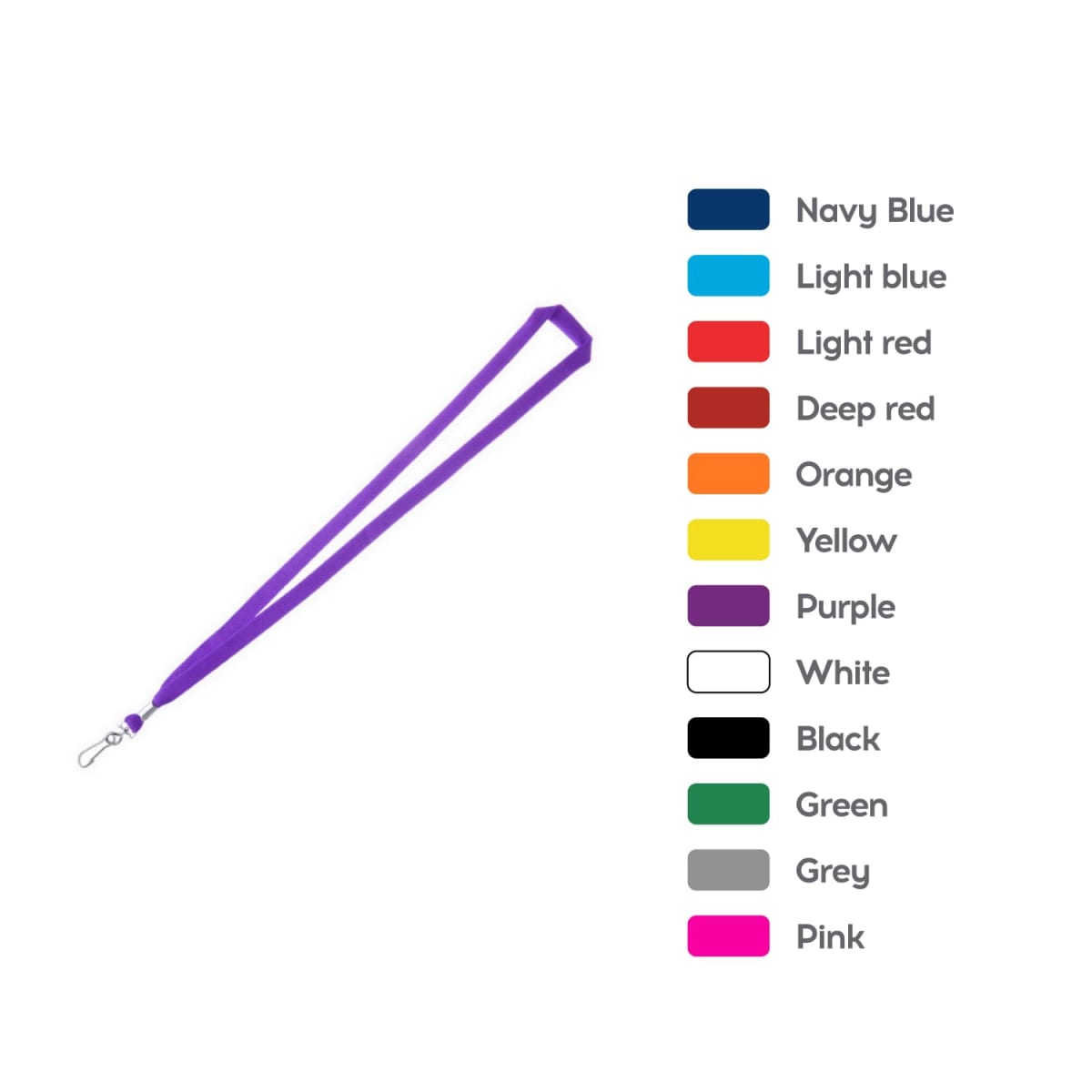 A purple lanyard with a metal clip is displayed beside a color chart featuring twelve colors: navy blue, light blue, light red, deep red, orange, yellow, purple, white, black, green, grey, and pink.