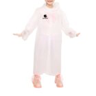 Child wearing a transparent raincoat and orange boots with outstretched arms.