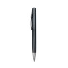 A sleek, metallic black ballpoint pen with silver accents, featuring a clip on its side. The pen is positioned vertically against a white background.
