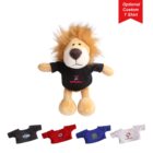 Toy plush lion with a brown mane wearing a black shirt. Below are four additional colored shirts: black with Star logo, red with circle logo, blue with stylized globe, and white with Company logo. Top right corner reads Optional Custom T Shirt.