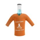 A bottle with a turquoise liquid is dressed in an orange sweater-shaped koozie. The sweater reads I Love Cans with a ribbon symbol, promoting the Sydney Breast Cancer Foundation and displaying the website www.sbcf.org.au.