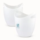 Two white, translucent ice buckets with handles and a small teal logo and text on one of them, reading COMPANY with a slogan. The design is modern with a slightly curved form.