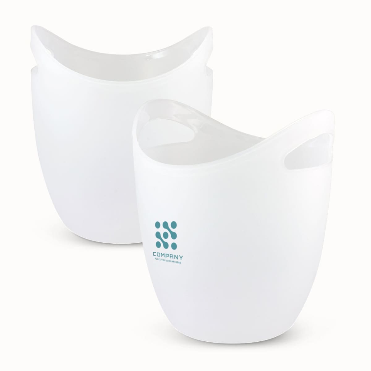 Two white, translucent ice buckets with handles and a small teal logo and text on one of them, reading COMPANY with a slogan. The design is modern with a slightly curved form.