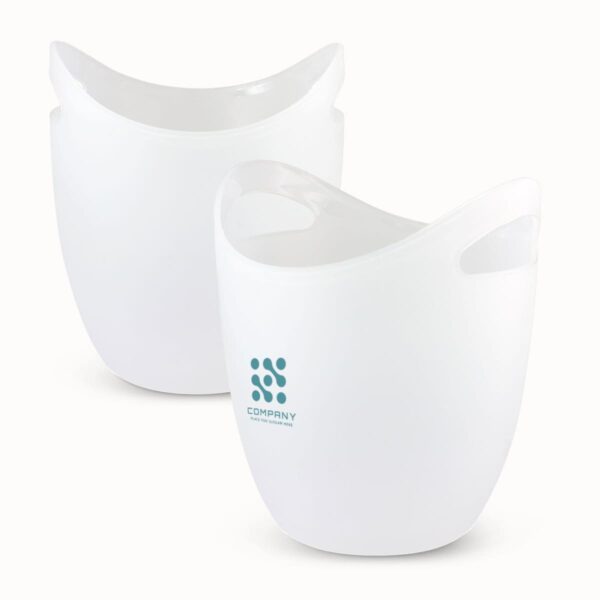 Two white plastic ice buckets with open, wavy tops and integrated handles. One bucket has a logo with the text COMPANY in green. The background is plain white.