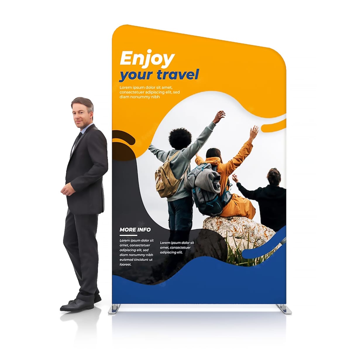 A man in a suit stands next to a colorful promotional banner. The banner features the text Enjoy your travel and a photo of three people with backpacks, sitting on rocks, raising their arms towards a scenic view. Additional text is included below the image.