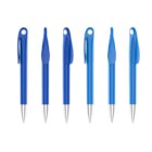 Six blue ballpoint pens are arranged vertically. Each pen has a silver tip and a clip on the cap for easy attachment. The pens are aligned in a row against a plain white background.