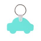 A keychain with a turquoise, car-shaped fob attached to a silver ring. The car shape is simple and stylized.