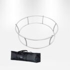 A circular metal frame structure with white bars, possibly for a trampoline or tent, is shown above a black carrying bag with handles. The background is plain and light-colored.