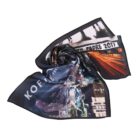 A silk scarf with a collage design featuring a 2017 South Padre theme. It includes cityscape images, bright light trails, and the text KOF. The scarf is loosely folded, showcasing the vibrant, urban-inspired graphics.