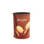 A cylindrical brown container labeled Shortcakes Chocolate featuring two shortcake biscuits splashing into melted chocolate with wheat graphics.