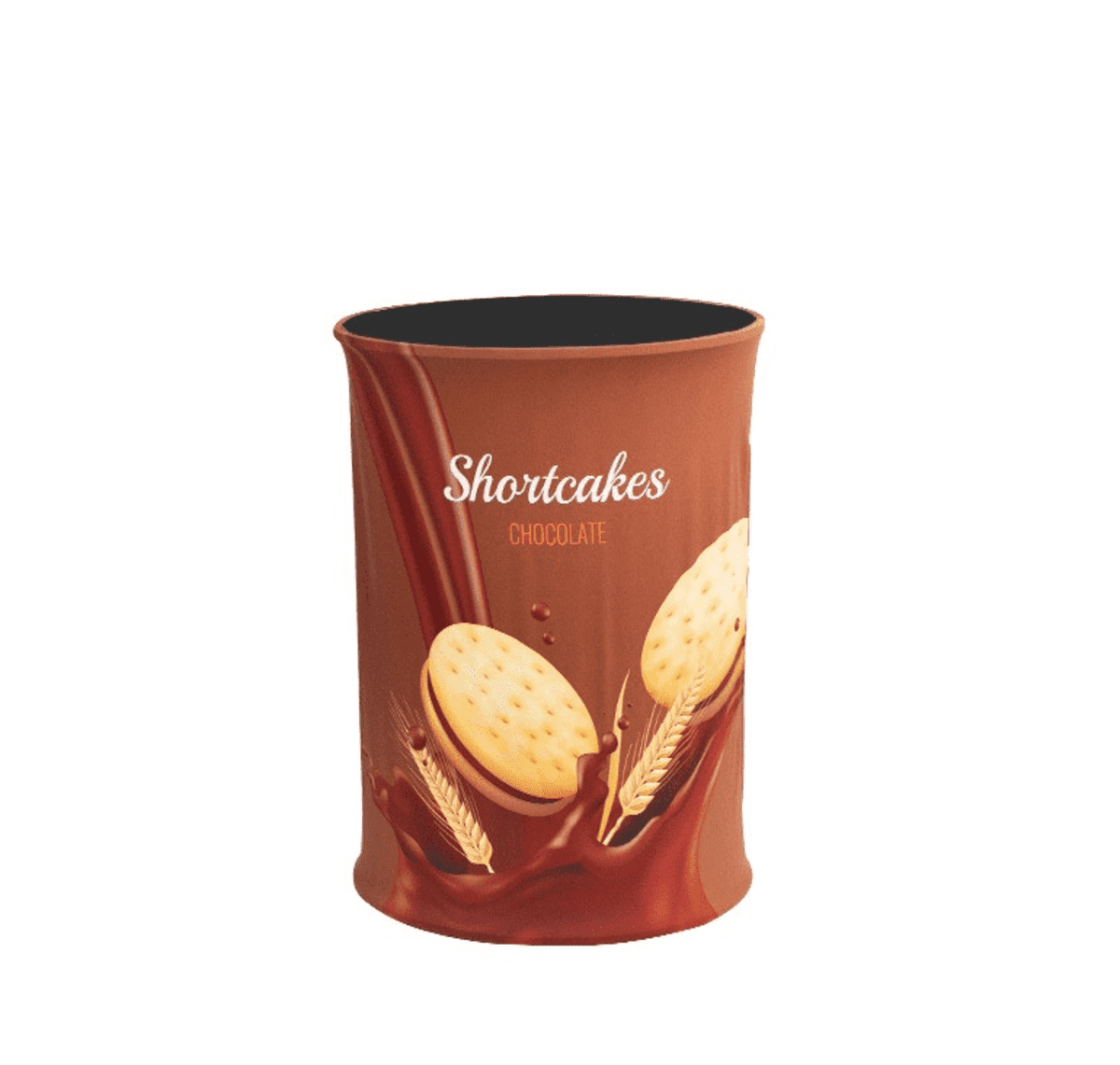 A cylindrical brown container labeled Shortcakes Chocolate featuring two shortcake biscuits splashing into melted chocolate with wheat graphics.