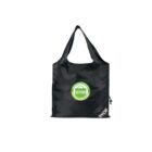 A black reusable bag with a green logo in the center displaying the text BYOB in white. The bag has a triangular side pocket labeled BYOB and features a single handle at the top.