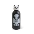 A black and white panda-themed water bottle with a panda face lid and paw prints on the base. The bottle has a stylized panda graphic and the text Panda Land. The background is white.