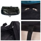 Collage of a black zippered bag: Top left shows the bag fully extended; top right focuses on a close-up of the zippers; bottom left displays the bag partially open; bottom right highlights a black fabric handle.