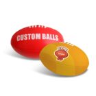 Two rugby balls: one red with CUSTOM BALLS text, and one yellow with a GAME DAY graphic. They are placed against a white background, showcasing a smooth surface and standard oval shape.