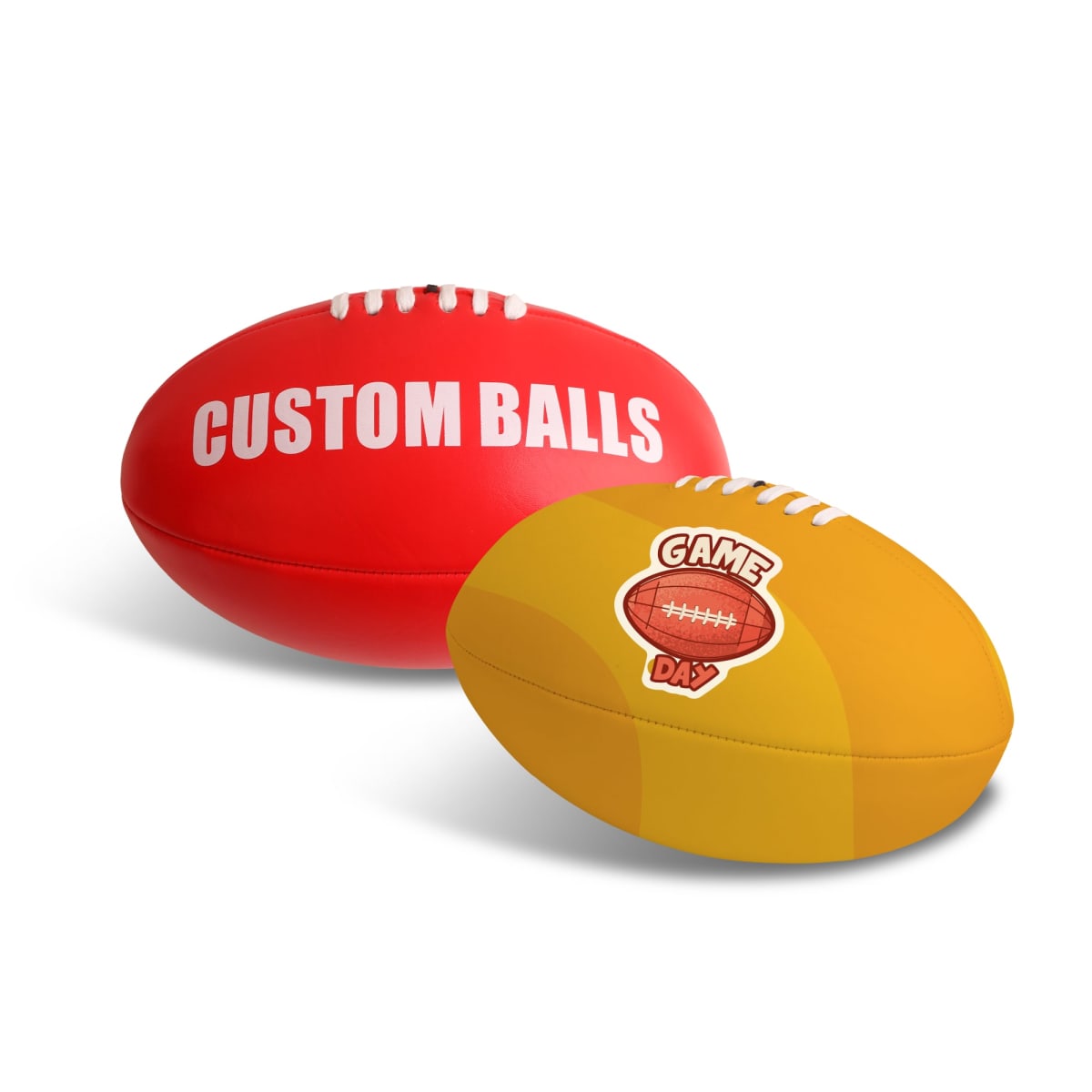 Two rugby balls: one red with CUSTOM BALLS text, and one yellow with a GAME DAY graphic. They are placed against a white background, showcasing a smooth surface and standard oval shape.