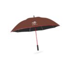 A brown umbrella with a red shaft and black handle. The canopy has a logo with the text AUTOPLUS and a stylized road design. The umbrella is open and displayed against a plain white background.