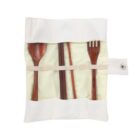 A set of wooden cutlery, including a spoon, chopsticks, and a fork, neatly arranged in a white fabric case with a button closure. The cases interior is pale yellow, holding the utensils with an elastic band.