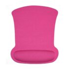 Pink ergonomic mouse pad with wrist rest, featuring a smooth, curved design. The fabric surface appears soft, and the wrist support is rounded and slightly elevated for comfort.