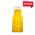 Inflatable pool float shaped like a bright yellow bottle with a white cap. The top has a transparent section resembling bubbles. A red speech bubble with Custom in white text is at the top right corner.