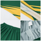 A four-panel image showcasing details of green and yellow sportswear. Top left: close-up of the pattern. Top right: layered stitching. Bottom left: green elastic waistband. Bottom right: interior fabric with a tag.