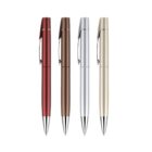 Four ballpoint pens are arranged side by side, featuring metallic finishes in red, brown, silver, and gold. The pens have sleek designs with clips near the top.