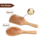 Two wooden hairbrushes are displayed: one with a square shape and one with a round shape. Both have natural wooden bristles. A magnified circle shows a close-up of the bristle tips. The brushes have Gold Farm® engraved on the handles.