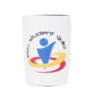 White drink cooler with the ecu student guild logo, featuring a stylized abstract figure in blue and a red and yellow swirl design around it.