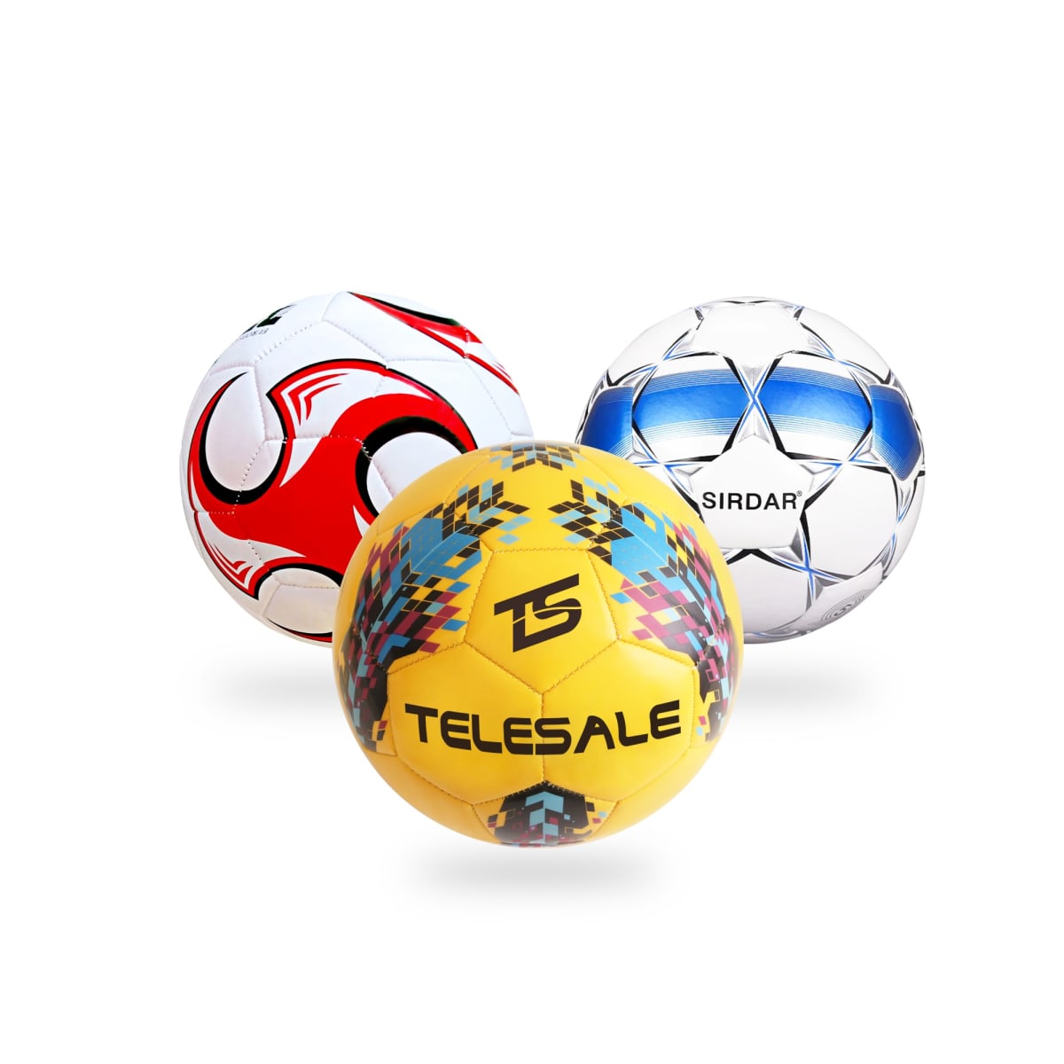 Three soccer balls are displayed: a yellow ball with colorful patterns labeled TELESALE, a red and white geometric design ball, and a blue and silver star-patterned ball labeled SIRDAR.