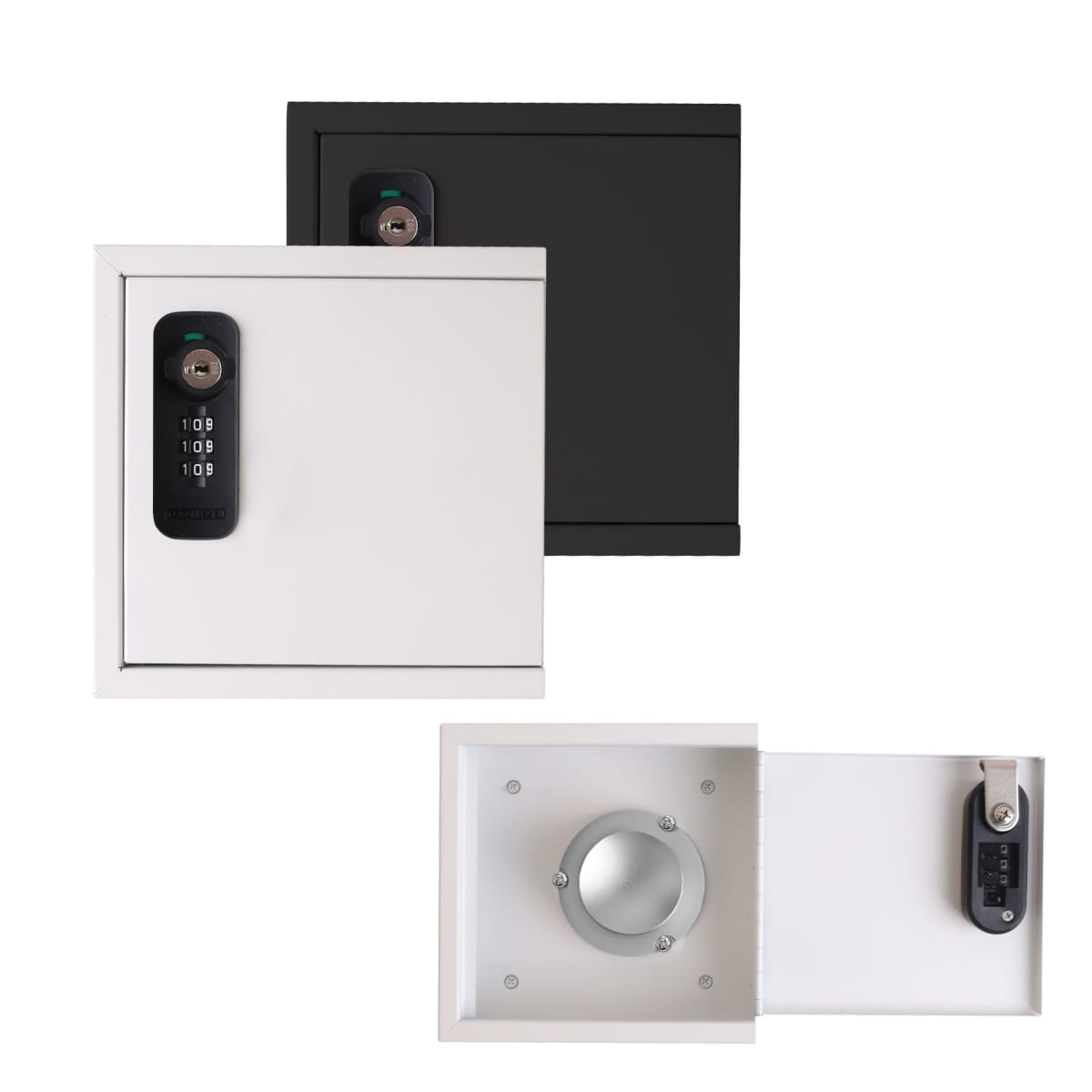 Two locked safes, one black and one white; the white one is partly open.