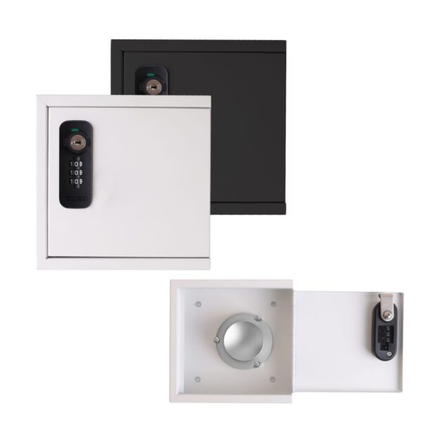 Black and white safes with keypad locks, white safe open.