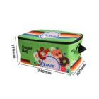 A green rectangular cooler bag with a colorful design, featuring fruits and a donut motif. It has a black handle and is labeled Flime Cooler Bag. Dimensions are 340mm x 200mm x 170mm.