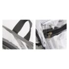 Close-up of a clear backpack with black zippers and handle.