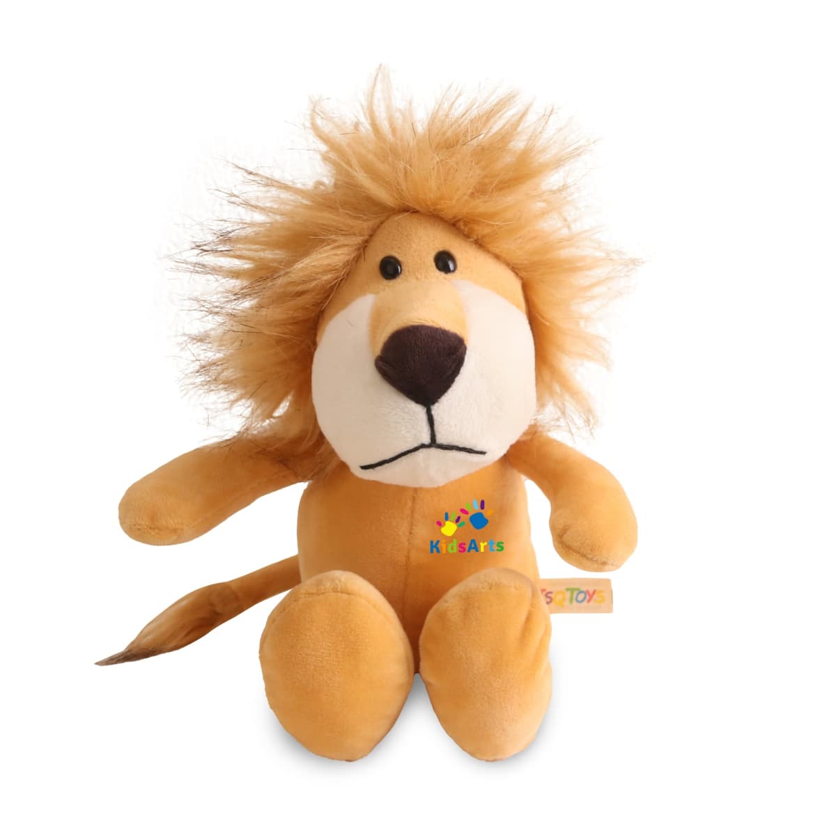 A plush toy lion with a fluffy mane and embroidered facial features. The lion has a friendly expression and sits upright. The words Kids Arts are embroidered on its chest, and a tag on the side reads Toys.