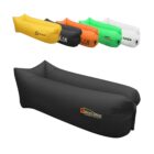 Several inflatable loungers in different colors and brands, with one large black lounger in the foreground featuring the Direct Decor logo.