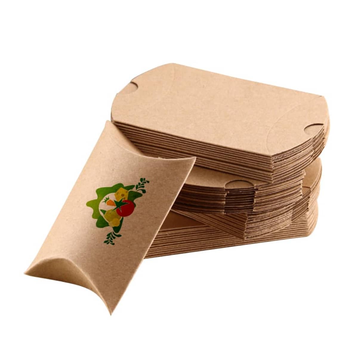 A stack of small brown kraft paper gift pillow boxes with a floral design in yellow, orange, and green on one side. The boxes have curved edges and one is prominently displayed in the foreground.