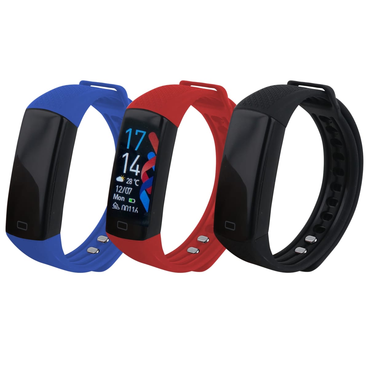 Three fitness trackers are shown in blue, red, and black. The red tracker displays time, date, temperature, and fitness stats on its screen. They have sleek bands and rectangular screens.