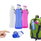 Three collapsible water bottles and a green backpack with a bottle attached, finger pointing.