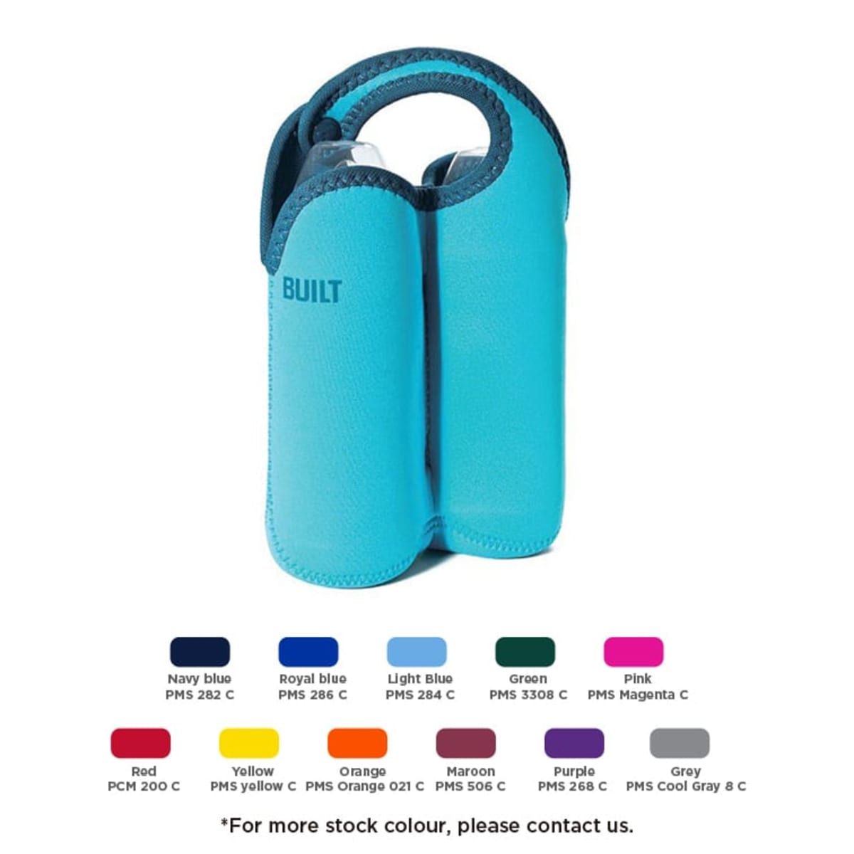 A turquoise insulated bottle carrier with handles, labeled BUILT. Below it is a color palette showing various colors with associated PMS codes, including shades of blue, green, pink, red, yellow, orange, maroon, and gray.