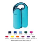 A blue BUILT neoprene wine tote with two handles. Below are various color swatches, including navy blue, royal blue, light blue, green, pink, red, yellow, orange, maroon, purple, and gray, each labeled with its PMS code.