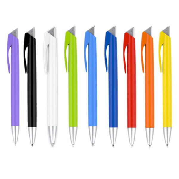 Eight retractable pens are lined up in a row. The pens have different colors: purple, black, white, green, blue, red, orange, and yellow. Each pen has a silver tip and clip.