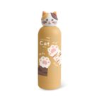 A beige water bottle with a cat-themed design. It features drawings of cat paws and International Cat Day text. The bottle cap is shaped like a cats head with ears.